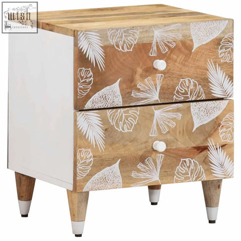 Rustic malren mango wood nightstand with spacious storage compartments white sides and hand-stamped tropical leaf drawers