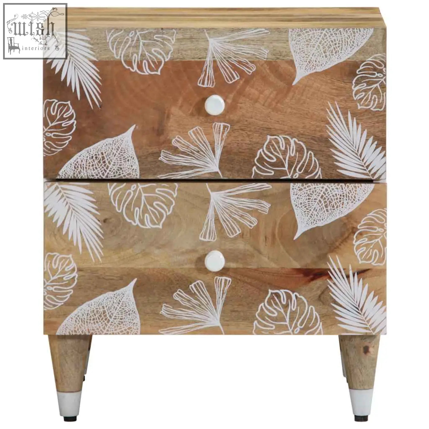 Malren mango wood rustic two-drawer nightstand with white leaf patterns and spacious storage compartments