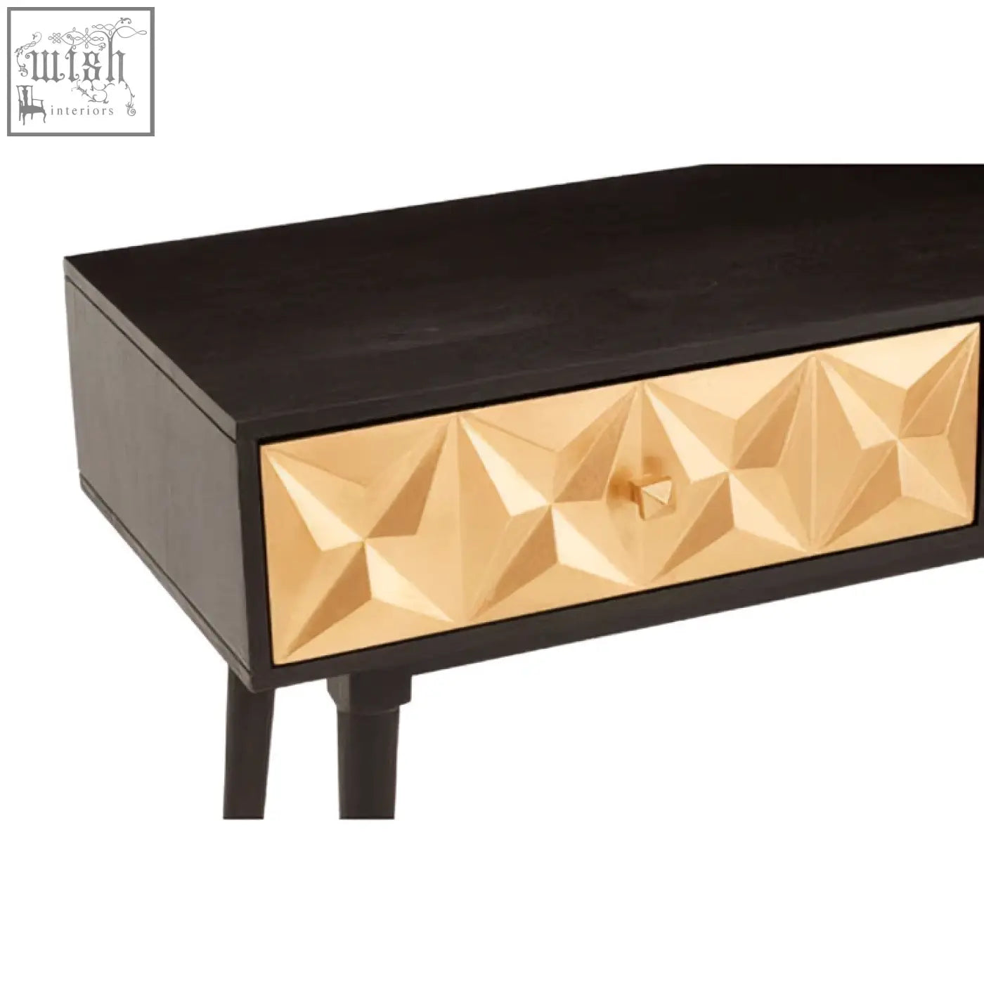 Black malta console table with gold geometric patterned drawer front perfect for stylish entryways