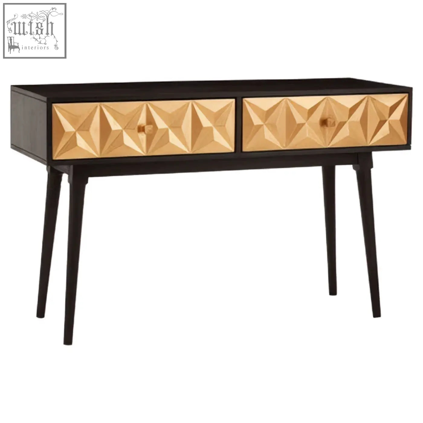 Black malta console table with two gold geometric drawers and slender legs for stylish storage and display