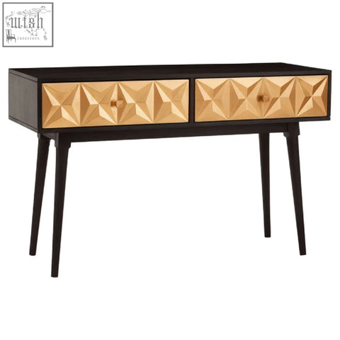 Black malta console table with two gold geometric drawers and slender legs for stylish storage and display