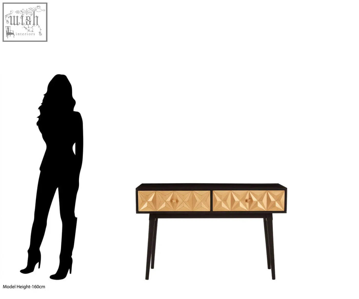 Black malta console table with gold geometric patterned drawers and slender legs for stylish storage and display