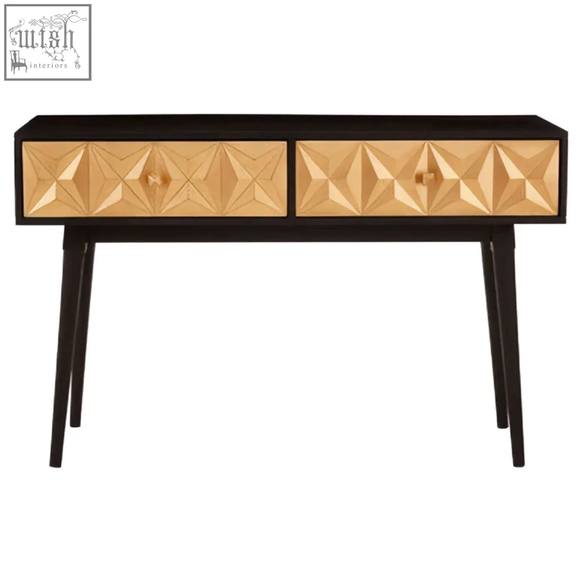Black malta console table with two gold faceted drawers and matching round knobs for stylish storage