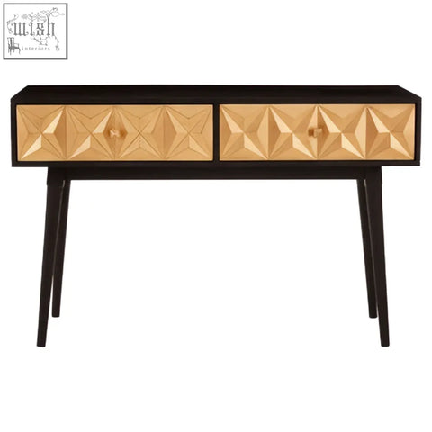 Black malta console table with two gold faceted drawers and matching round knobs for stylish storage