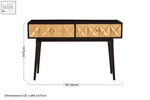 Black malta console table with two gold geometric drawers and slender legs perfect for entryway or living room