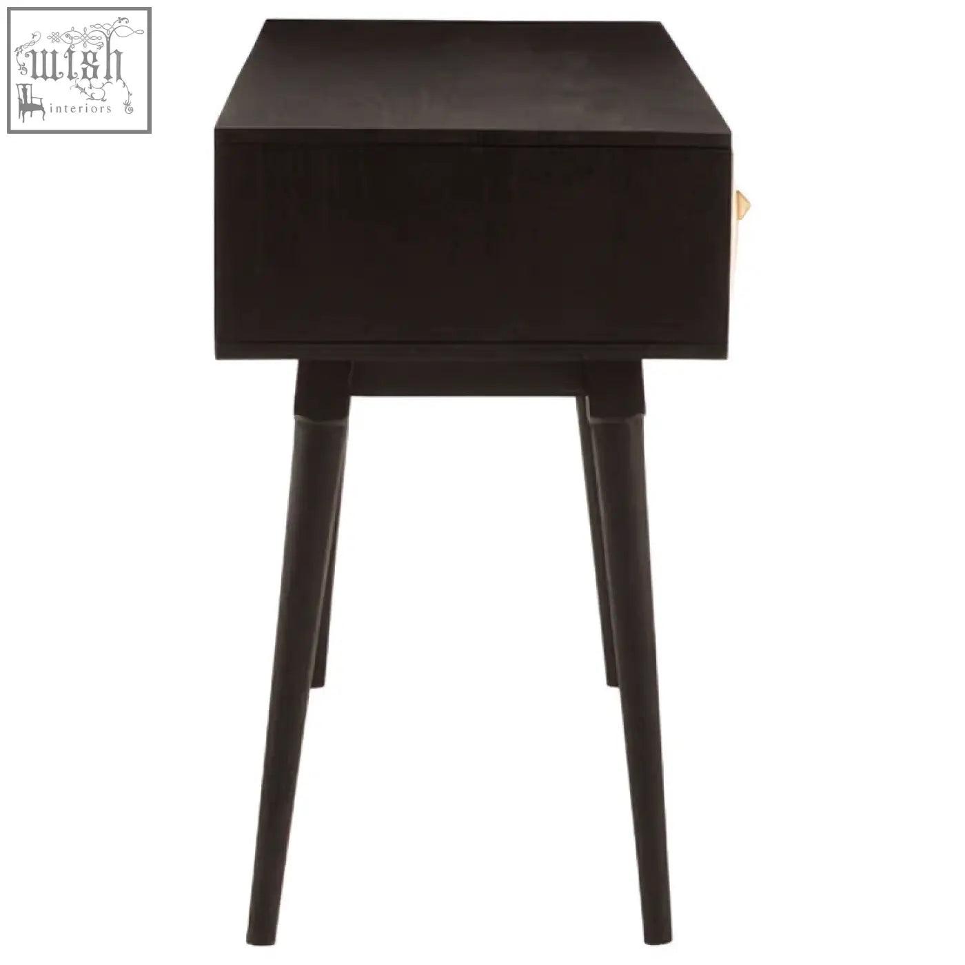 Black wooden malta console table with slender tapered legs and gold-tone drawer pull for stylish storage