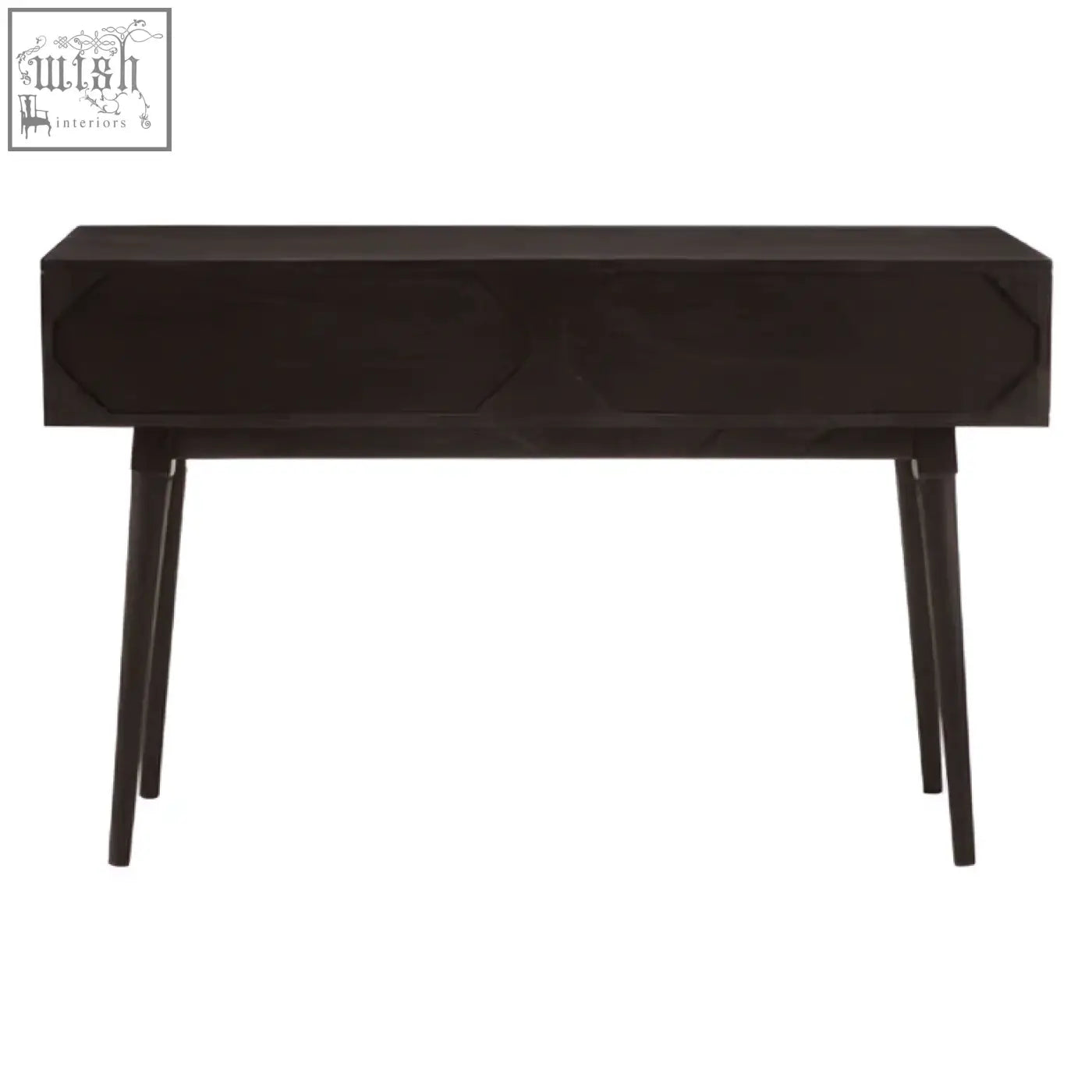 Dark wood malta console table with geometrically recessed drawer fronts and tapered legs for stylish storage