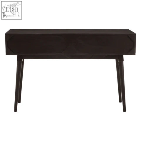 Dark wood malta console table with geometrically recessed drawer fronts and tapered legs for stylish storage