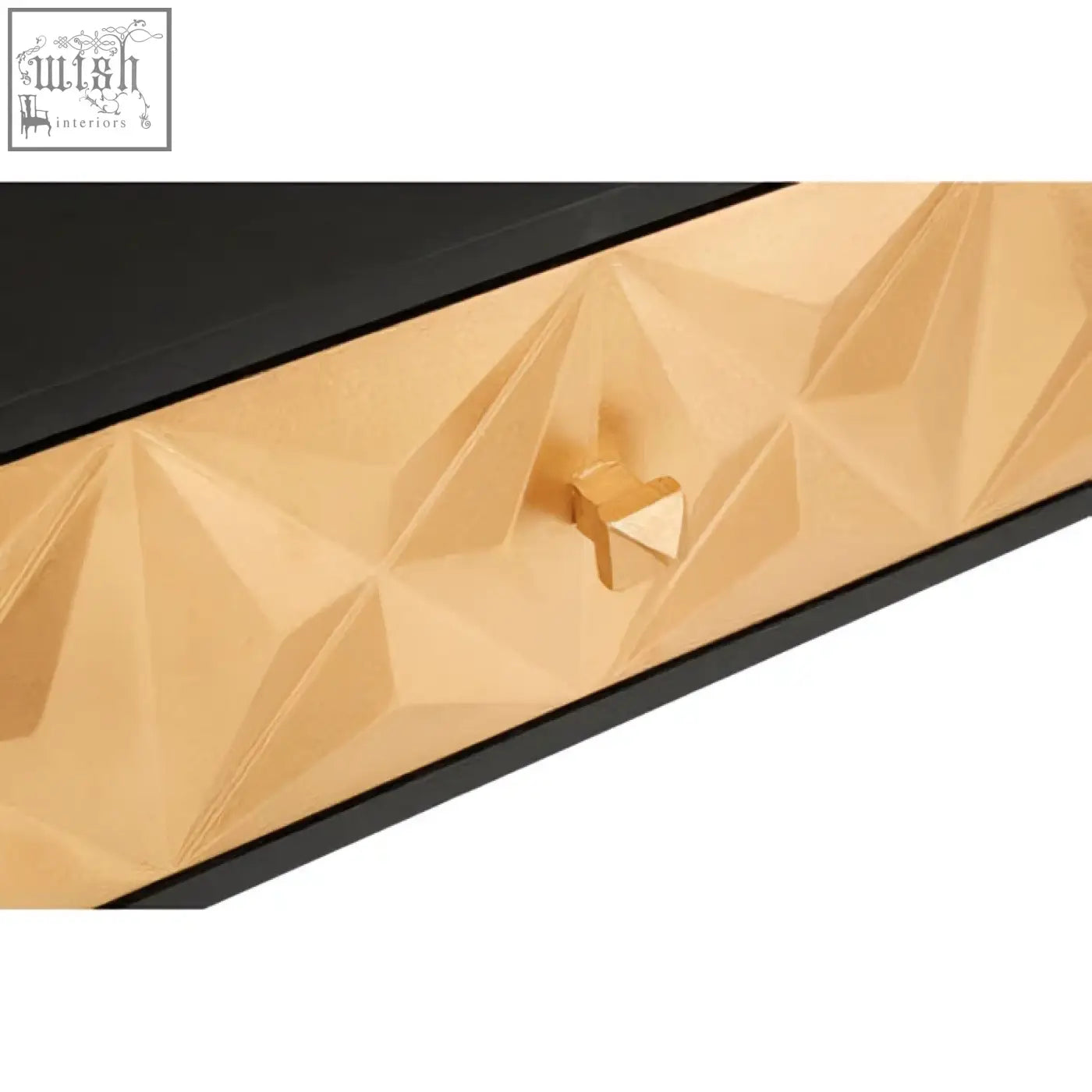 Gold-colored geometric patterned drawer front with matching triangular pull handle on malta console table