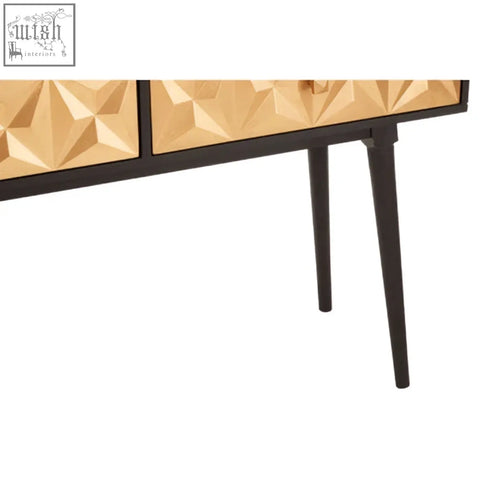 Gold finished geometric patterned drawers on black metal slender legs malta console table for stylish storage