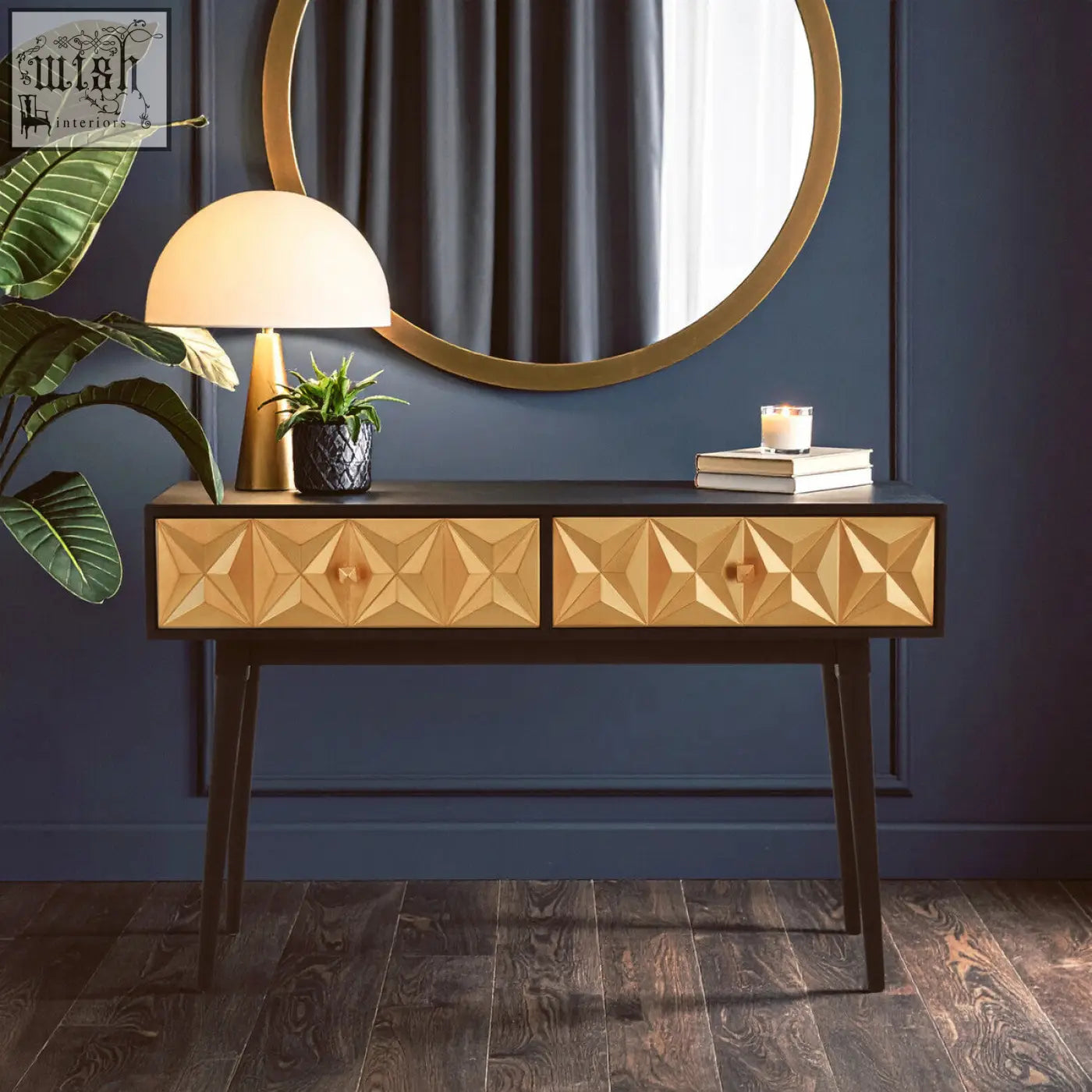 Malta console table with gold geometric pattern and dark wood legs featuring drawers for stylish storage