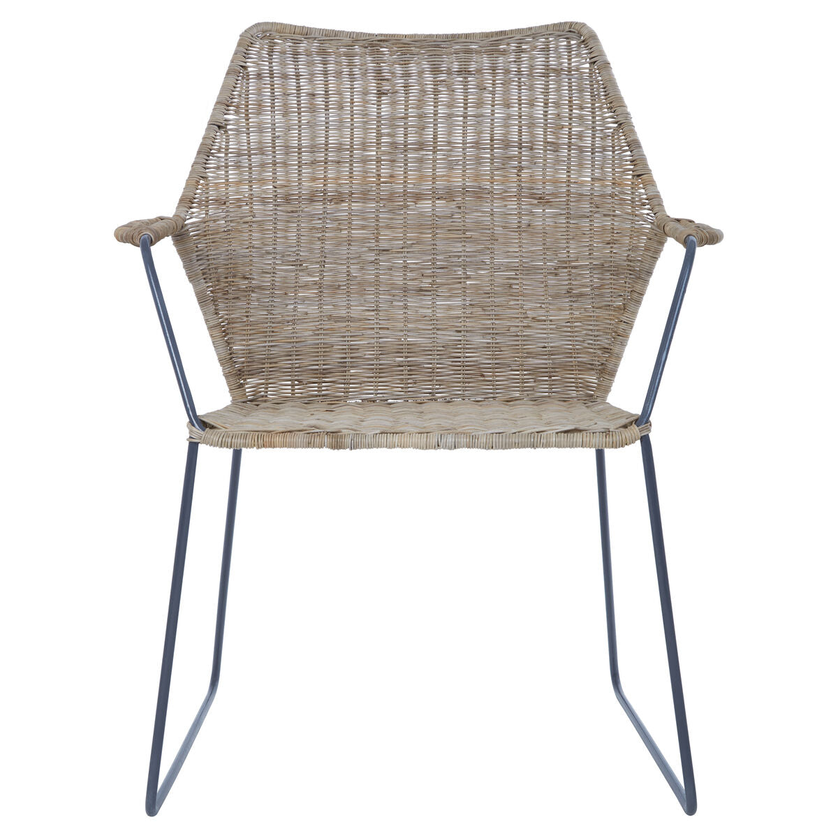 Hexagonal wicker armchair with gray metal frame featuring manado angled design natural rattan style