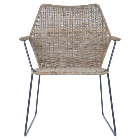 Hexagonal wicker armchair with gray metal frame featuring manado angled design natural rattan style