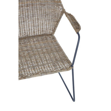 Manado angled design natural rattan chair in gray woven rattan with sleek black metal legs and armrests