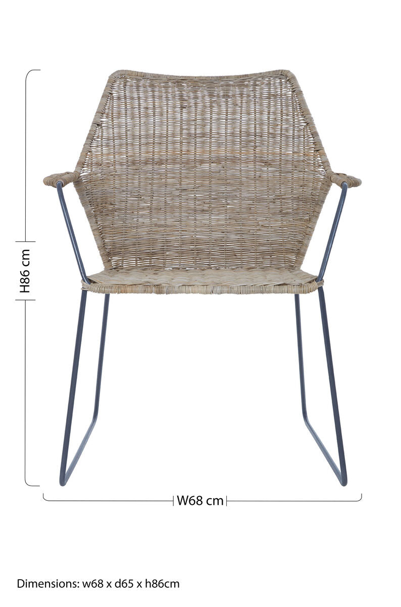 Beige manado angled design natural rattan chair with sleek black metal frame perfect for indoor seating