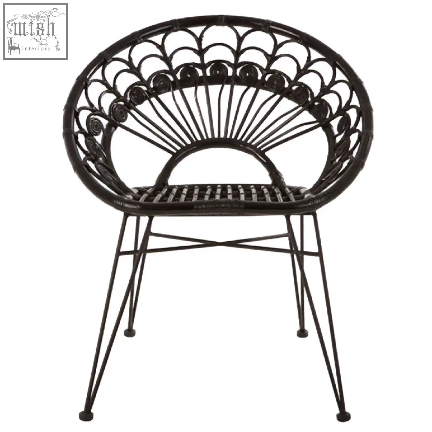Manado black natural rattan chair with black wrought iron frame fan-shaped back and woven natural rattan seat