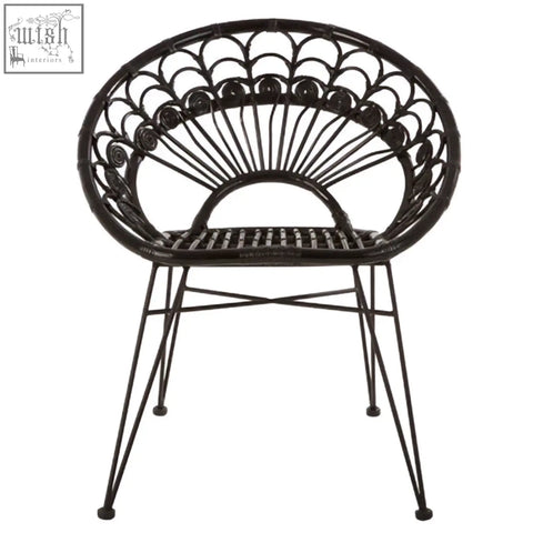 Manado black natural rattan chair with black wrought iron frame fan-shaped back and woven natural rattan seat