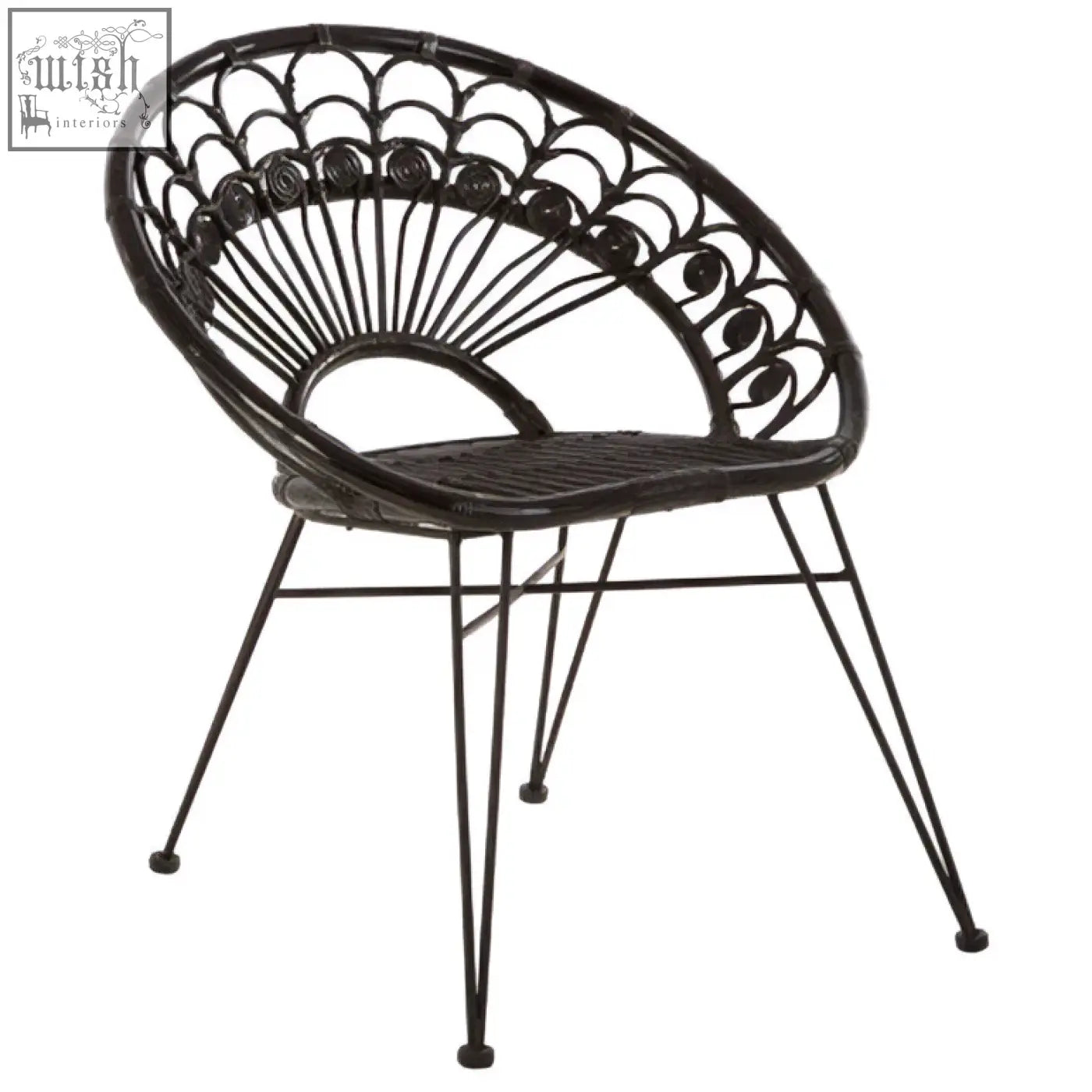 Black wrought iron manado black natural chair with intricate fan scrollwork and woven natural rattan seat