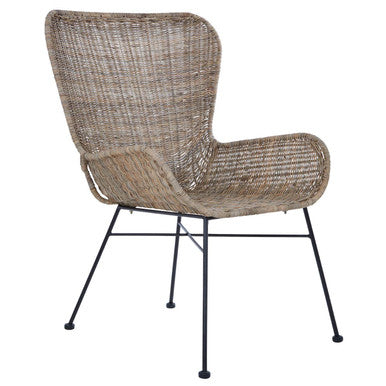 Manado curved design natural rattan chair with woven rattan seat and black metal legs for stylish seating