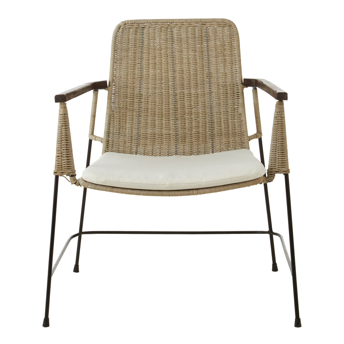 Beige woven manado curved design natural rattan armchair with dark wood arms black metal legs and cream cushion