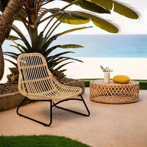 Beige woven natural rattan lounge chair with black metal frame manado relax natural rattan chair