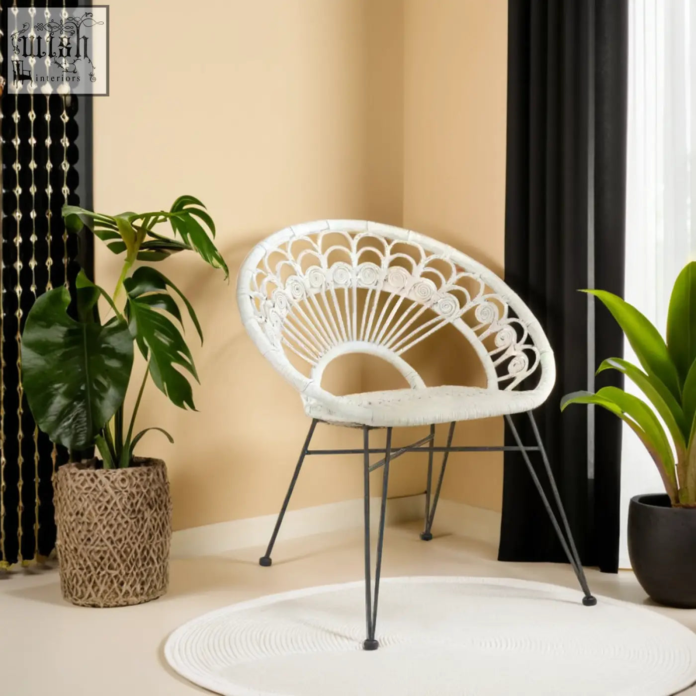 White natural rattan chair manado white natural woven with black metal legs perfect for indoor seating