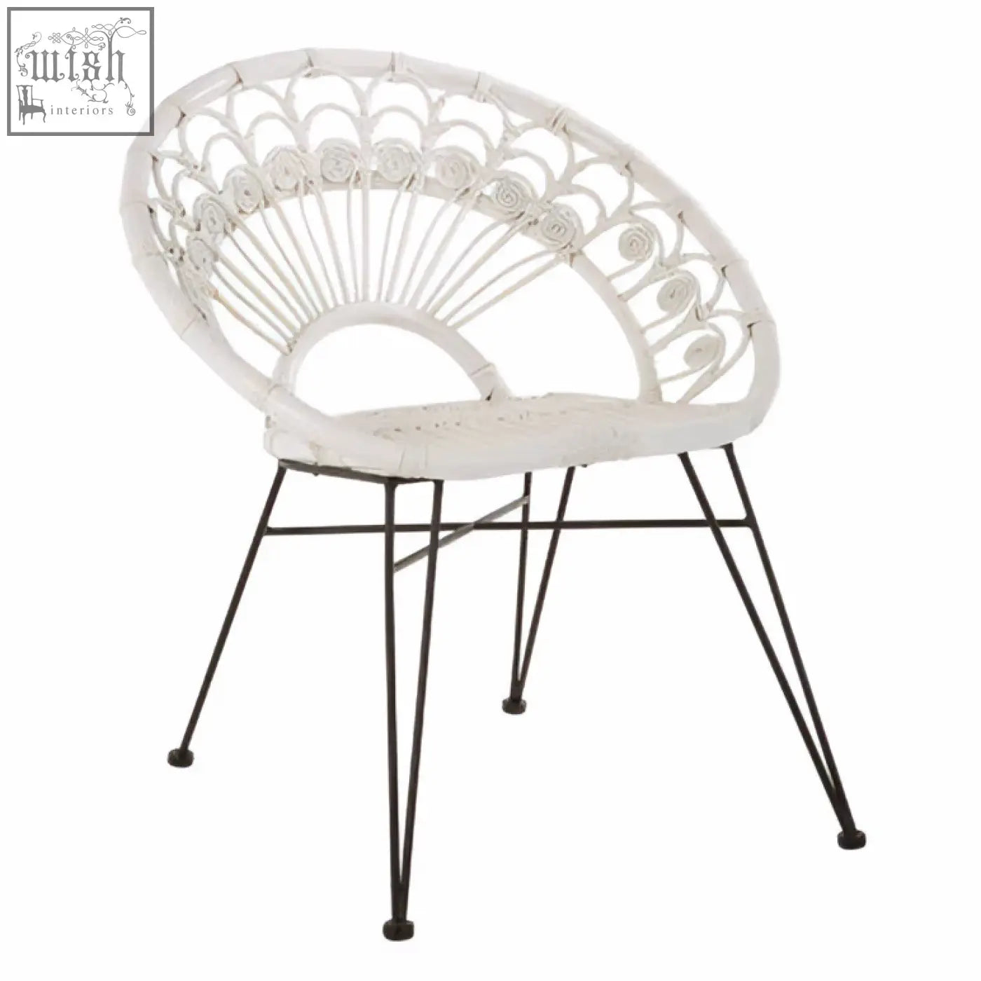 Manado white natural rattan chair with white wicker seat and black metal legs for stylish indoor seating