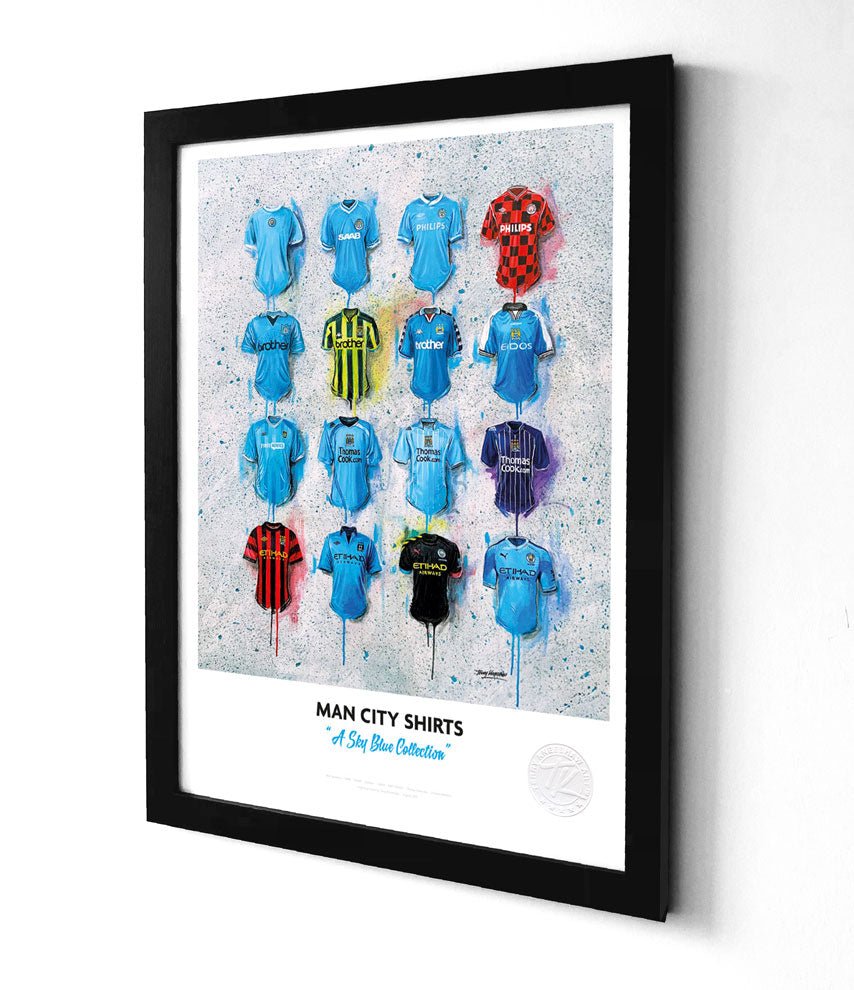 A manchester city framed print featuring an a3 collection of sky blues football jerseys in multiple vibrant colors