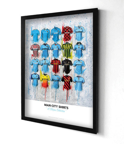 Framed limited edition manchester city fc 2022 shirts collage print in vibrant colors displayed in a sleek black frame
