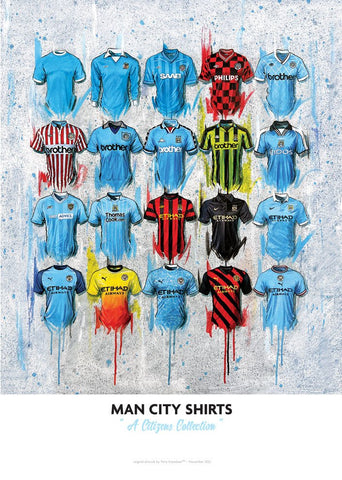 A vibrant collection of limited edition manchester city 2022 signed shirts in a colorful grid with iconic sponsor logos