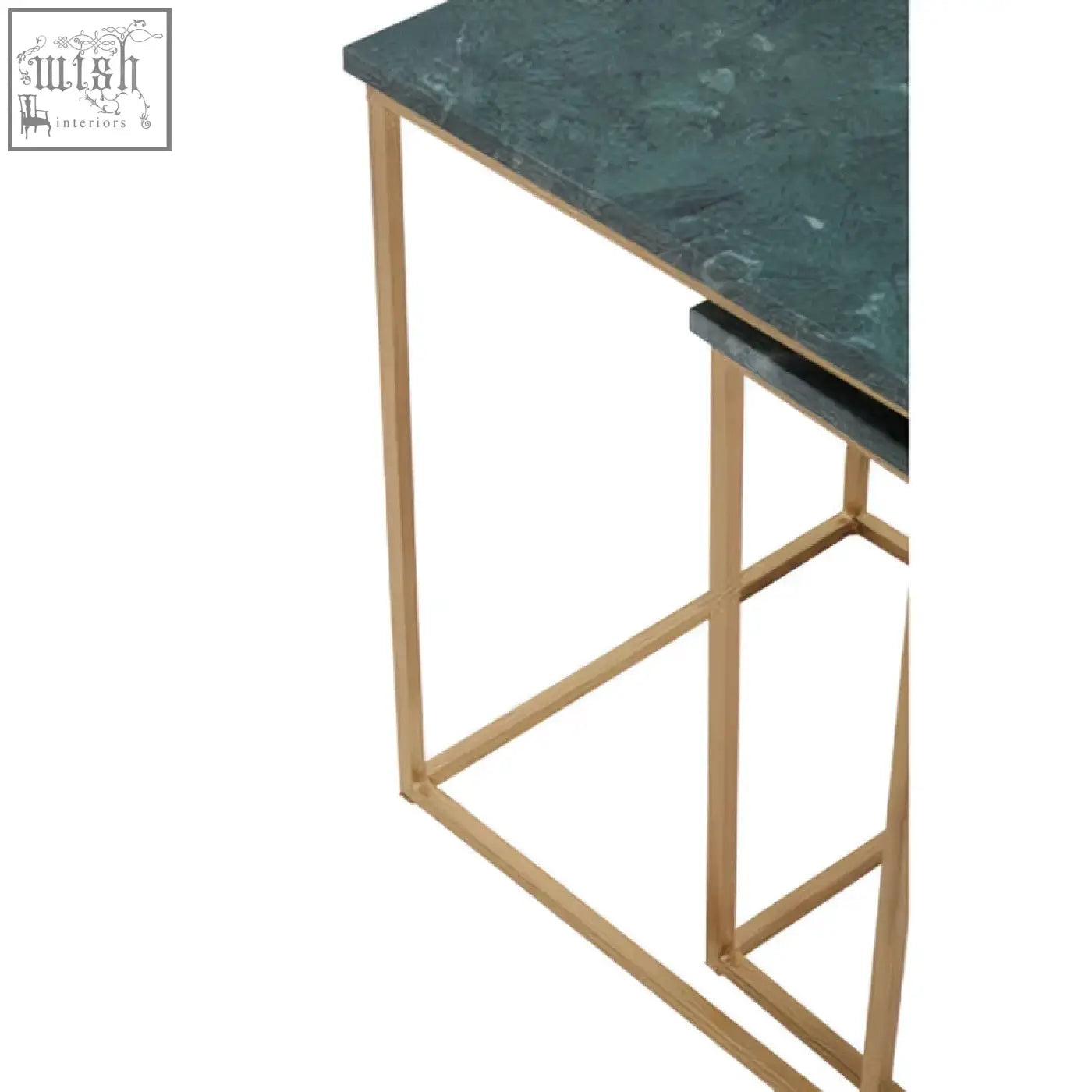 Mandoli nest of 2 green marble side tables with dark green marble top and interconnected gold-toned metal legs