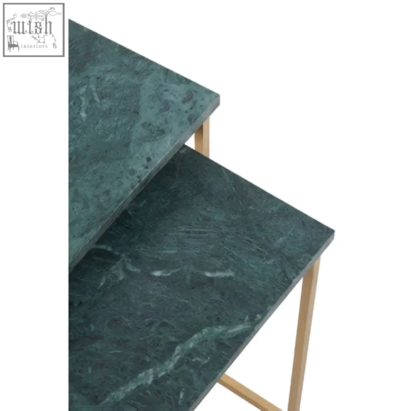 Mandoli nest of 2 green marble side tables with dark green marble tops and slender interconnected gold legs
