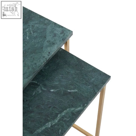 Mandoli nest of 2 green marble side tables with dark green marble tops and slender interconnected gold legs