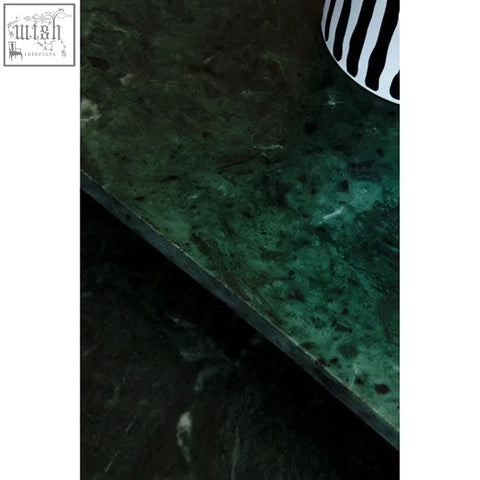 Mandoli nest of 2 green marble side tables with emerald green marble countertop and swirling darker veining with interconnected gold base