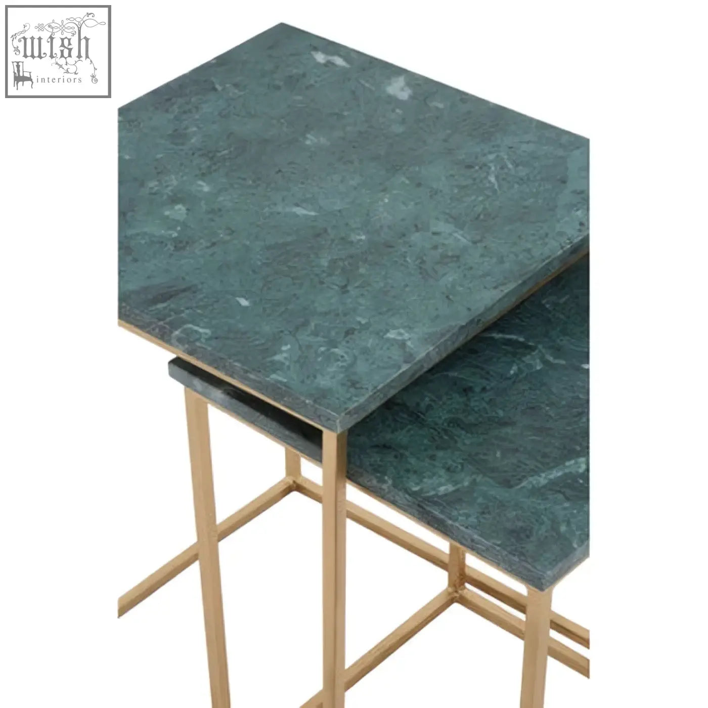 Mandoli nest of 2 green marble side tables with interconnected gold toned metal legs for stylish living spaces