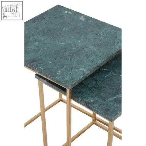 Mandoli nest of 2 green marble side tables with interconnected gold toned metal legs for stylish living spaces