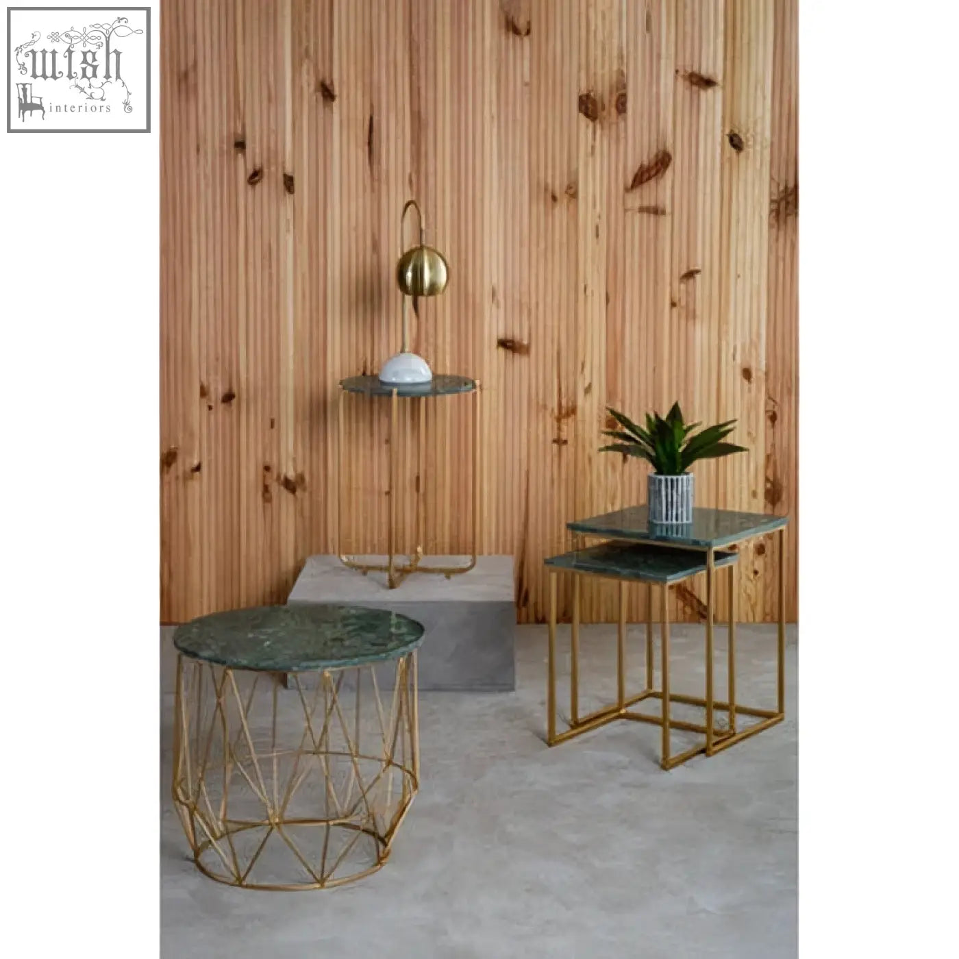 Modern mandoli nest side tables with green marble tops and interconnected gold-toned metal frames