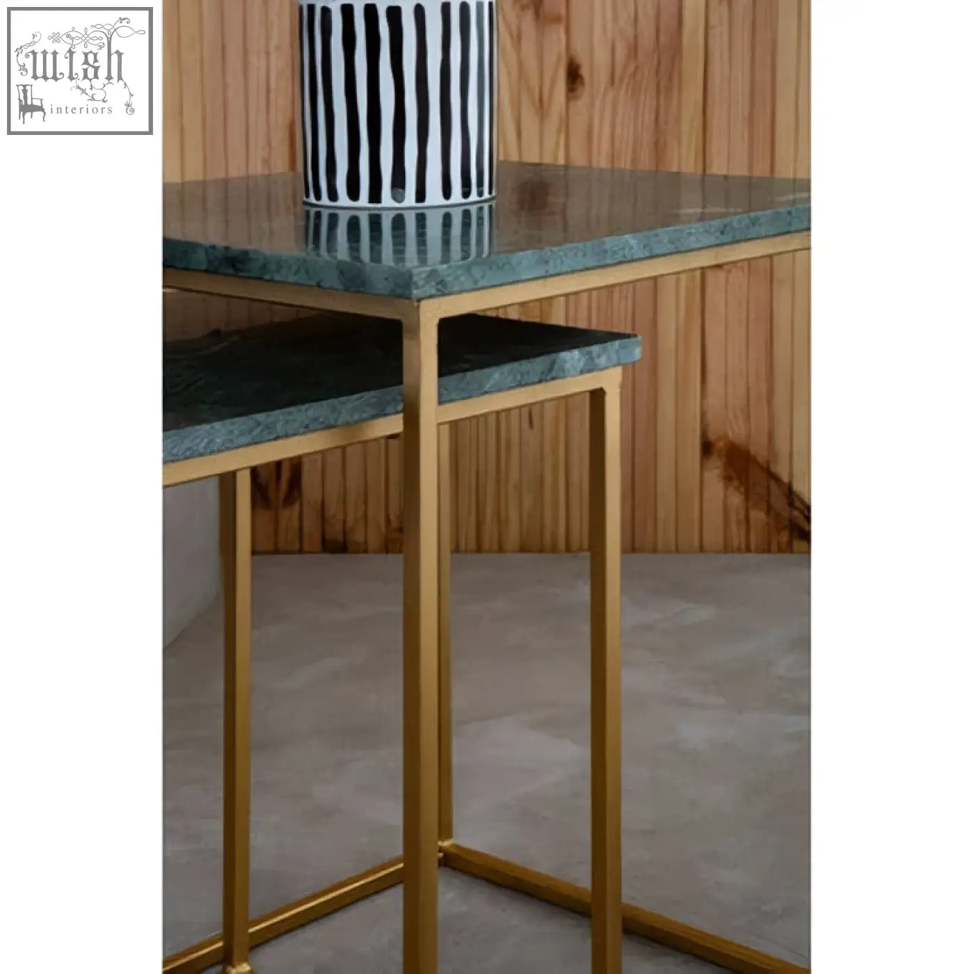 Set of 2 mandoli nest side tables with green marble tops and interconnected gold metal frames