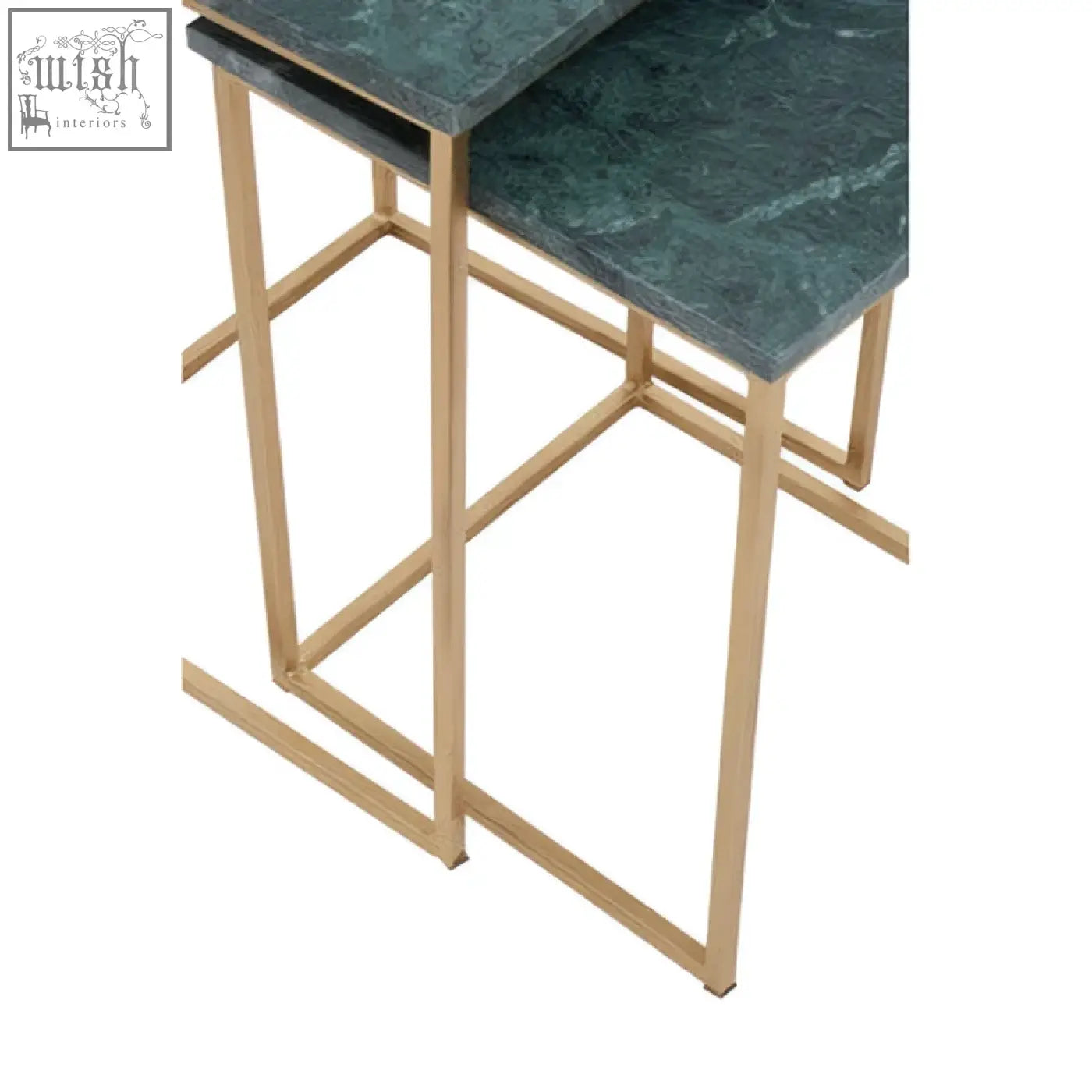 Set of two mandoli nest green marble side tables with dark green marble tops and interconnected gold-toned frames
