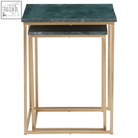 Set of two mandoli nest green marble side tables with dark green marble tops and interconnected gold metal frames