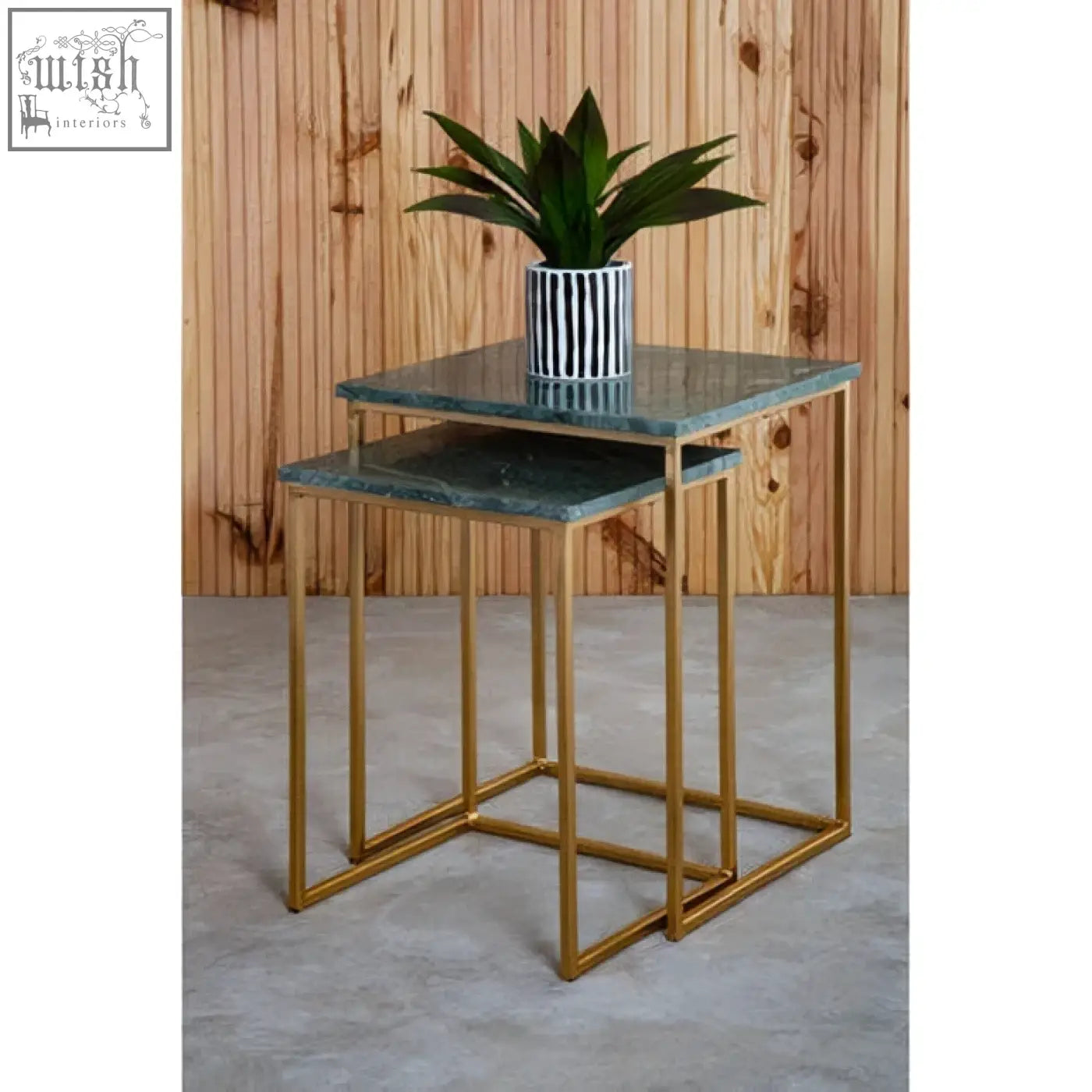 Set of two mandoli nest green marble side tables with dark green marble tops and interconnected gold metal frames