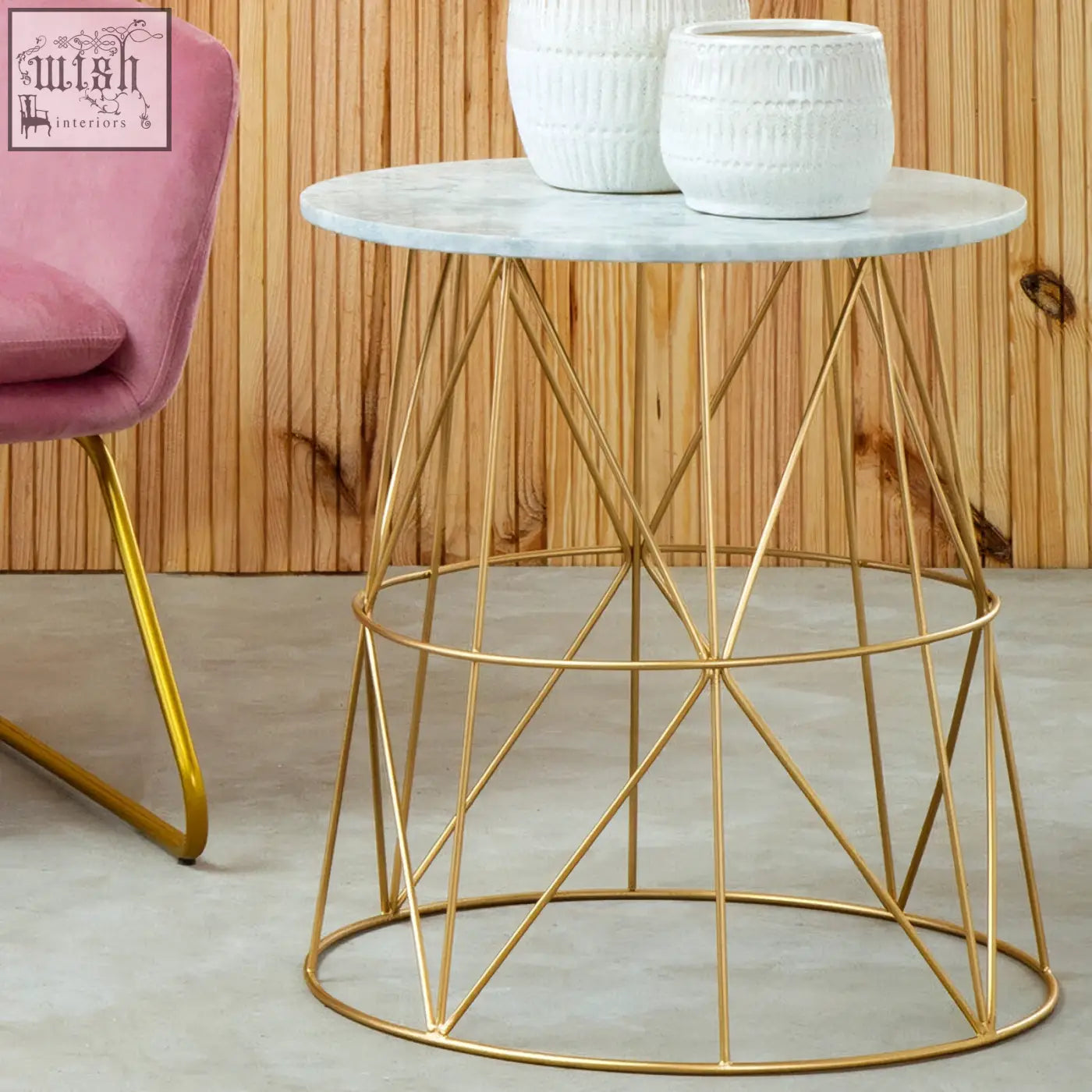 Gold geometric wireframe side table with a white marble round top from mandoli white marble collection