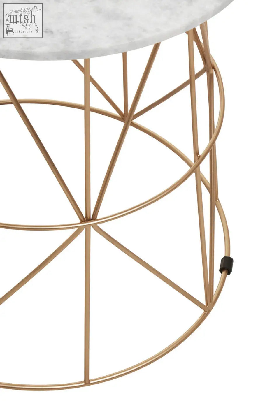 Mandoli white marble round side table with a white marble top and gold-toned wireframe base