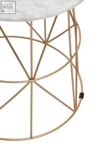Mandoli white marble round side table with a white marble top and gold-toned wireframe base