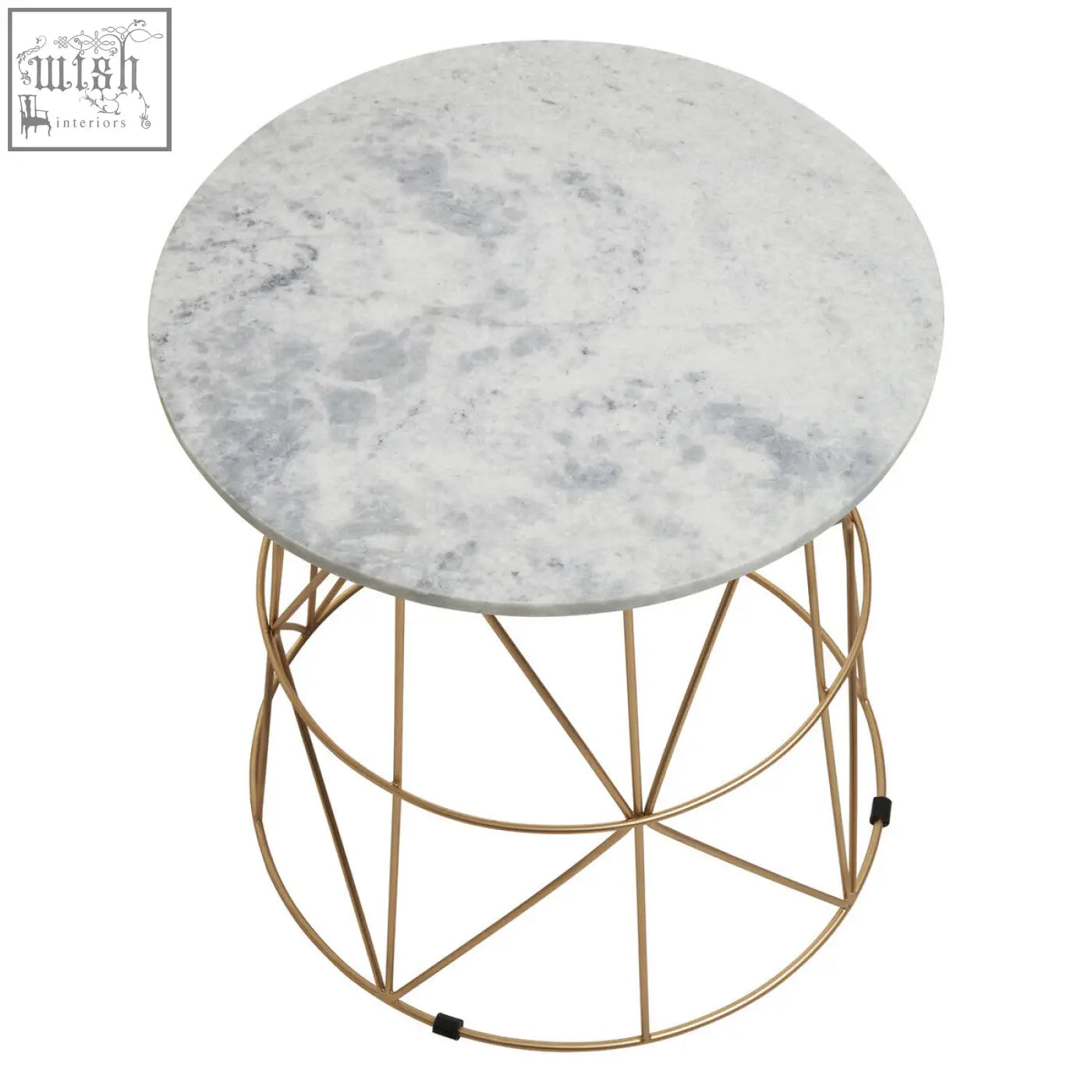 Mandoli white marble round side table with a gold-toned geometric metal base and white marble round top