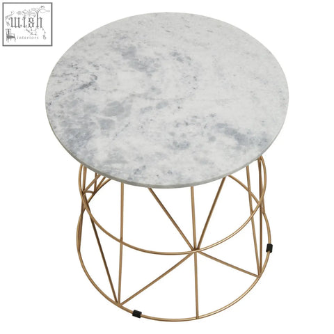 Mandoli white marble round side table with a gold-toned geometric metal base and white marble round top
