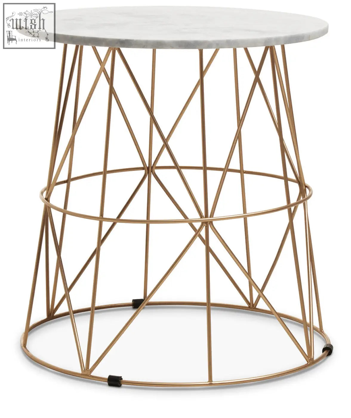 Mandoli white marble round side table with gold-toned geometric wireframe and white marble round top