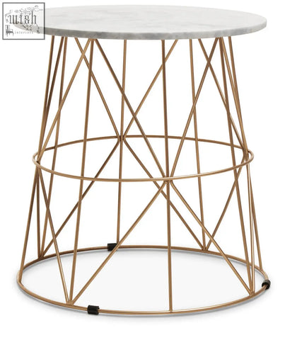 Mandoli white marble round side table with gold-toned geometric wireframe and white marble round top