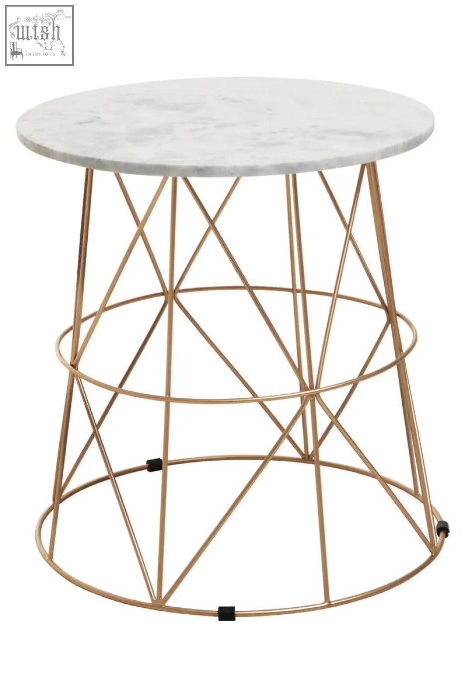 Mandoli white marble round side table with gold-toned geometric metal frame and white marble round top