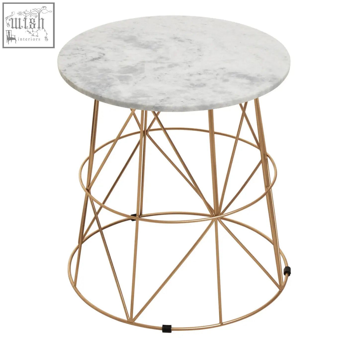 Mandoli white marble round side table with a white marble top and geometric gold metal base for modern decor